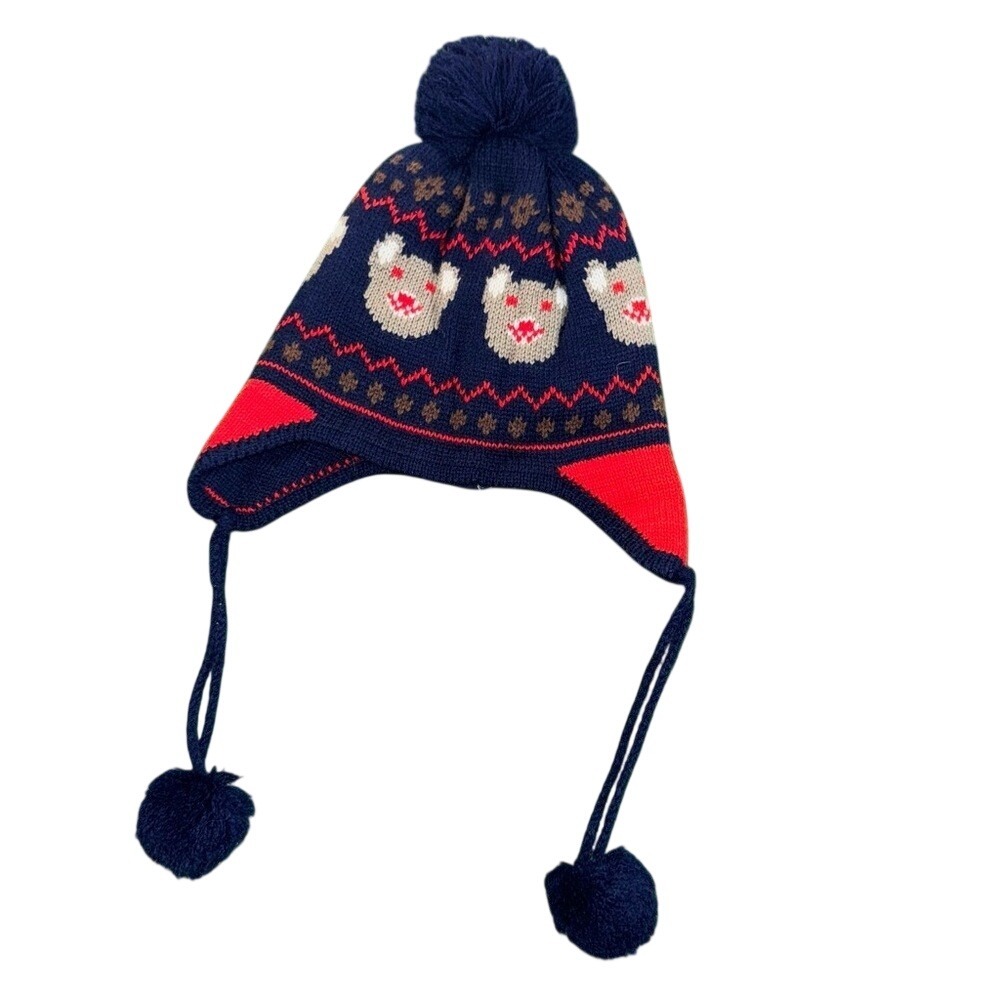Kids‎ Fashion Navy Blue Red Bear Knit Trapper Hat with Pom Poms New with Tags